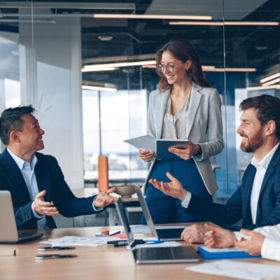 A group of business people partners during a set team meeting in the modern office